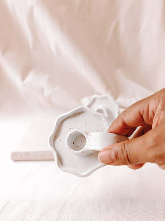 Keramik - Kerzenhalter mit Henkel - Weiß